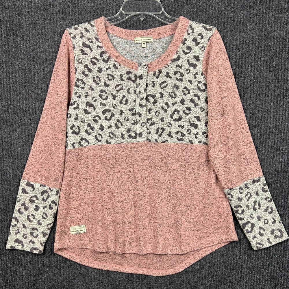 Simply Southern Women's M Top Tunic Long Sleeve Animal Print Pink Gray Comfy
